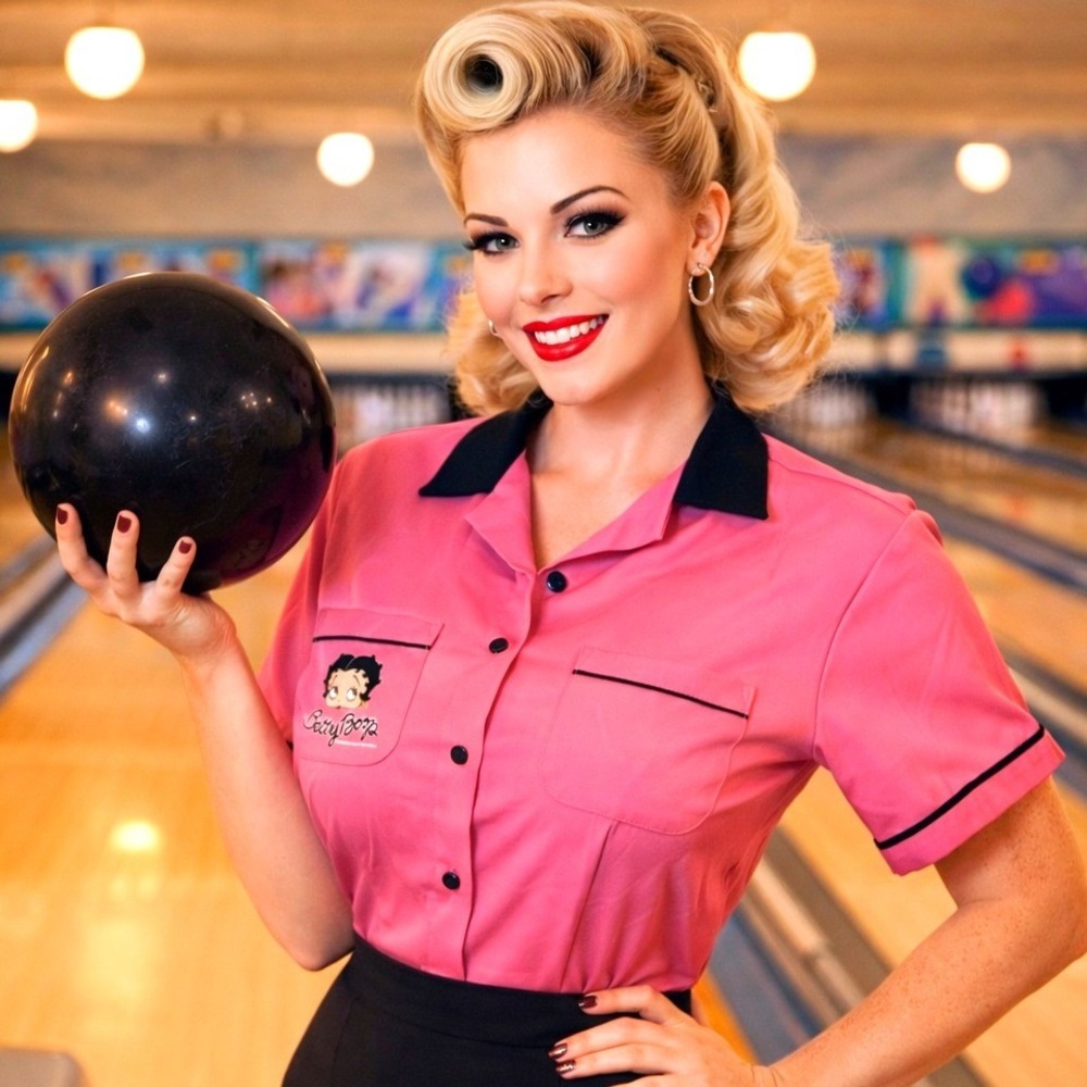 NEW Cruisin USA Betty Boop Pink Retro Bowling Babes Shirt Sz L Rockabilly Pinup